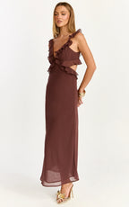 Alessa Midi Dress - V Neck Frill Detail Empire Waist Back Cut Out Dress in Brown
