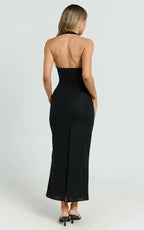 Lyla Midi Dress - Tie Front Plunge Halter Linen Blend Dress in Black
