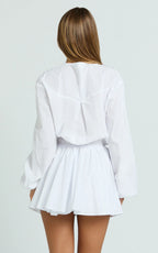 Felix Mini Dress - Front Tie Bishop Sleeve Dress in White