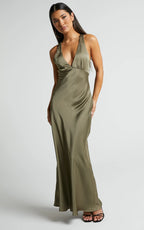 Khalani Maxi Dress - Deep V Neck Satin Slip Dress in Dark Olive
