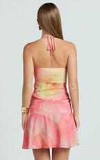 Charlie Mini Dress - Shirred Polka Dot Halter Dress in Regency Floral