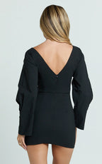 Yulia Mini Dress - Boatneck Cocoon Sleeve Fitted Dress in Black
