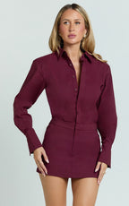 Lorrie Mini Dress - Long Sleeve Shirt Dress in Wine