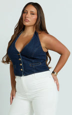 Walton Vest - Halter Neck Button Down Crop Recycled Denim Vest in Indigo Wash