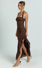 Almarie Midi Dress - Halter Neck Mesh Dress in Chocolate