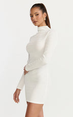 Ruby Mini Dress - High Neck Long Sleeve Dress in Off White