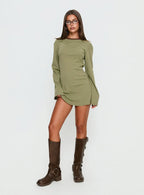Lulolah Long Sleeve Mini Dress Green / Chocolate Stripe