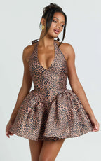 Georgine Mini Dress - Leopard Print Halter Deep V Fit And Flare Dress in Leopard Luxe