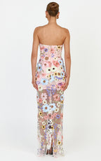 Sienna Maxi Dress - 3D Floral Strapless Column Dress in Multi