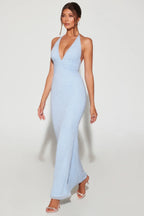 Embellished Plunge Halter Neck Evening Gown in Blue