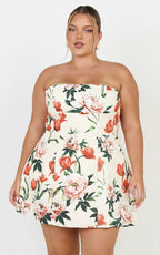 Catharine Mini Dress - Strapless A Line Dress in Rustic Floral
