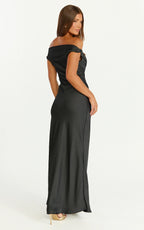 Lira Maxi Dress - One Shoulder Satin Dress in Black