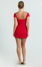 Veronika Mini Dress - Off Shoulder Plunge Fit And Flare Dress in Red