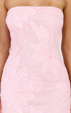 Sienna Midi Dress - Strapless Floral Embroidered Bodycon Dress in Pink