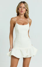 Sammie Mini Dress - Scoop Neck Hem Frill Fitted Dress in Off White