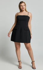 Katia Mini Dress - Strappy Corset A Line Dress in Black