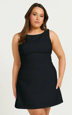 Freddie Mini Dress - Boat Neck Fit and Flare Dress in Black