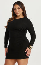 Brielle Mini Dress - Long Sleeve Ruched Bodycon Dress in Black