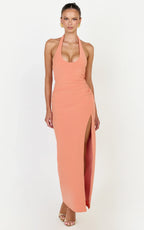 Ruby Maxi Dress - Halter Scoop Neck Low Back Bodycon Dress in Coral