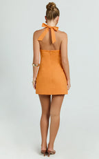 Tamika Mini Dress - Halter Neck Gathered A Line Mini Dress in Orange