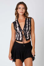 Satin Floral Print Tie Up Top