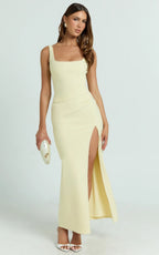Tessa Maxi Dress - Square Neck Ruched Side Bodycon Dress in Lemon