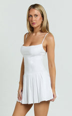 Stefanie Mini Dress - Scoop Neck Drop Waist Pleated Dress in White