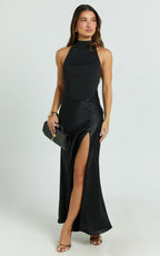 Kali Maxi Dress - High Halter Circle Skirt Dress in Black
