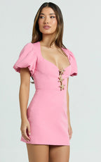 Lalisa Mini Dress - Puff Sleeve Starfish Plunge Neck Dress in Pink