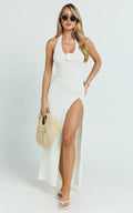 Nikola Midi Dress - Plunge Halter High Split Knit Dress in Cream