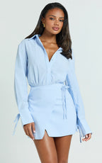 Heath Mini Dress - Collared Button Up Shirt Dress in Blue Stripe