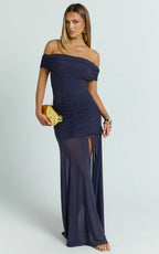 Alanna Maxi Dress - Off Shoulder Ruched Mesh Dress in Ink