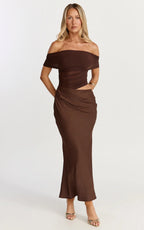 Zuri Midi Dress - Cut Out Draped Shoulder Dress in Chocolate