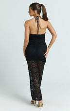 Andrea Maxi Dress - Lace Halter Bodycon Dress in Black