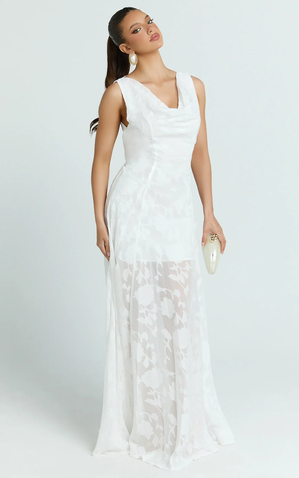 Ziva Maxi Dress - Jacquard Cowl Neck Dress in White