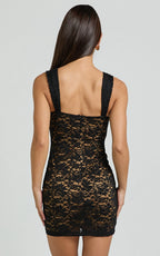 Corinna Mini Dress - Ruched Bust Wide Strap Detail Lace Dress in Black