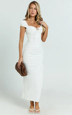 Farrow Midi Dress - Cap Sleeve Ruched Bust Fitted Dress in Off White