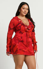 Alesya Mini Dress - Ruffle Plunge Neck Long Sleeve Tie Detail Dress in Abstract Adeana Print