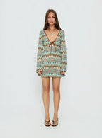Rizario Long Sleeve Crochet Mini Dress Blue Multi