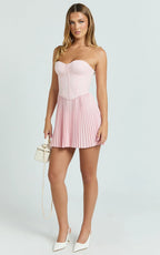 Loretta Mini Dress - Lace Up Corset Pleated Dress in Soft Pink