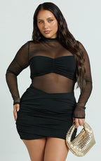 Zoe Mini Dress - Long Sleeve Mesh Dress in Black