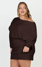 Alyce Mini Dress - Long Sleeve One Shoulder Dress in Chocolate