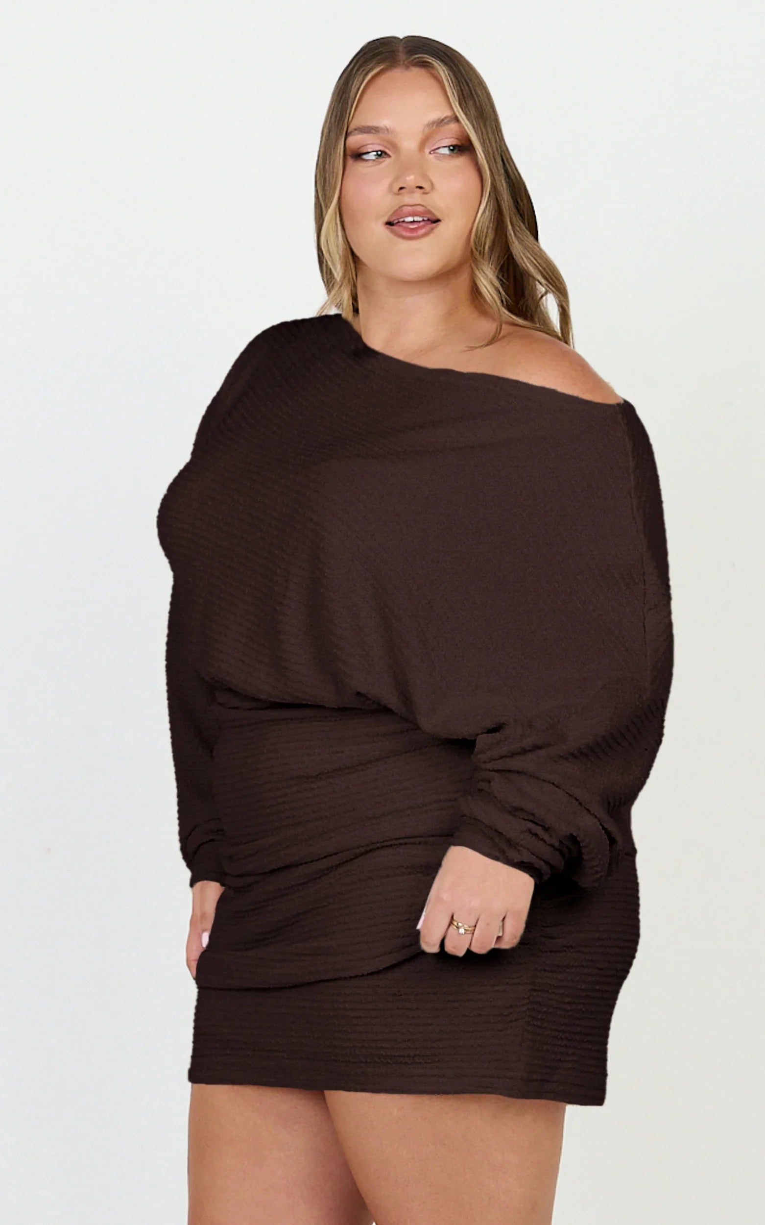 Alyce Mini Dress - Long Sleeve One Shoulder Dress in Chocolate