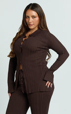 Kelsey Top - Button Through Long Sleeve Knit Top in Chocolate