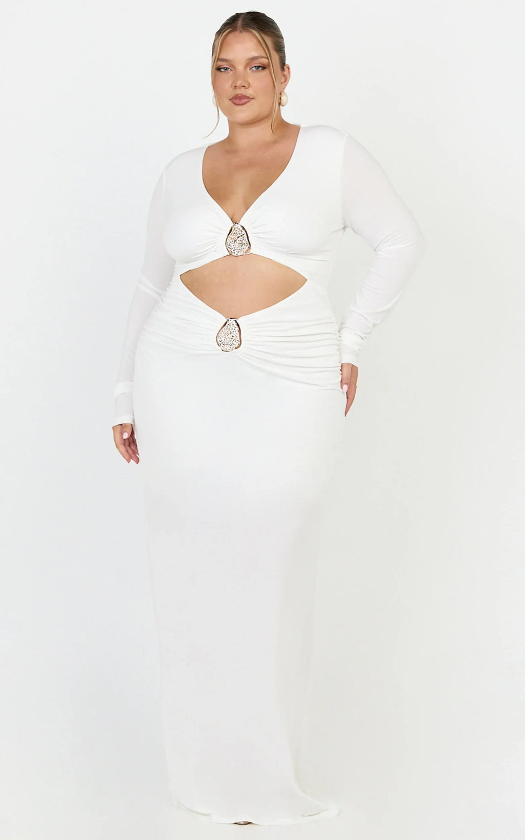 Dakota Maxi Dress - Long Sleeve V Neck Bodycon Dress in Cream