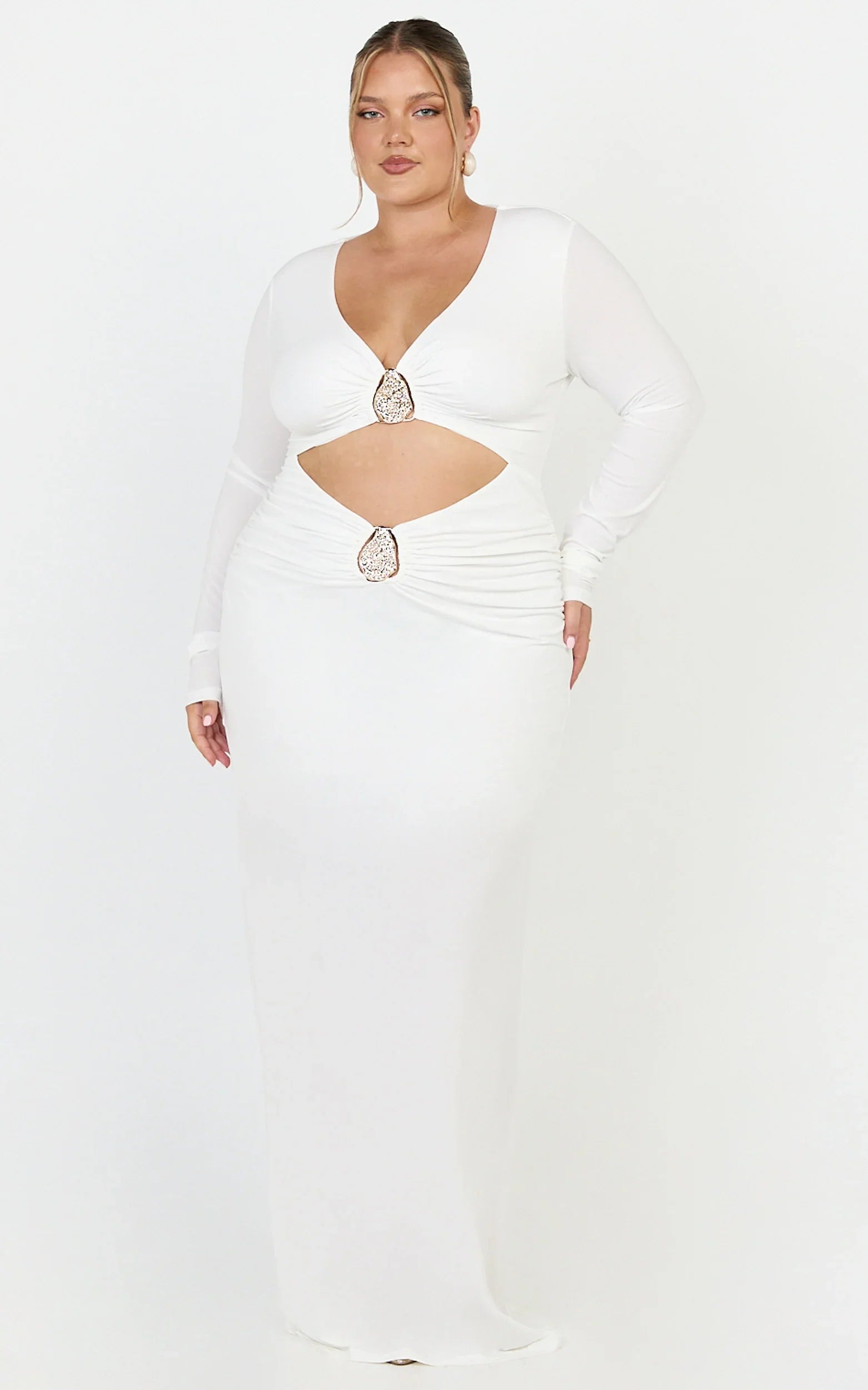 Dakota Maxi Dress - Long Sleeve V Neck Bodycon Dress in Cream