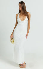 Janine Maxi Dress - Plunge Cowl Neck Backless Column Dress in Ivory