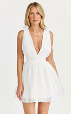 Mariabella Mini Dress - Tulle Plunge Dress in White