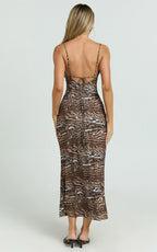 Latisha Midi Dress - Cowl Neck Strappy Back Bias Cut Viscose Jersey Dress in Animal