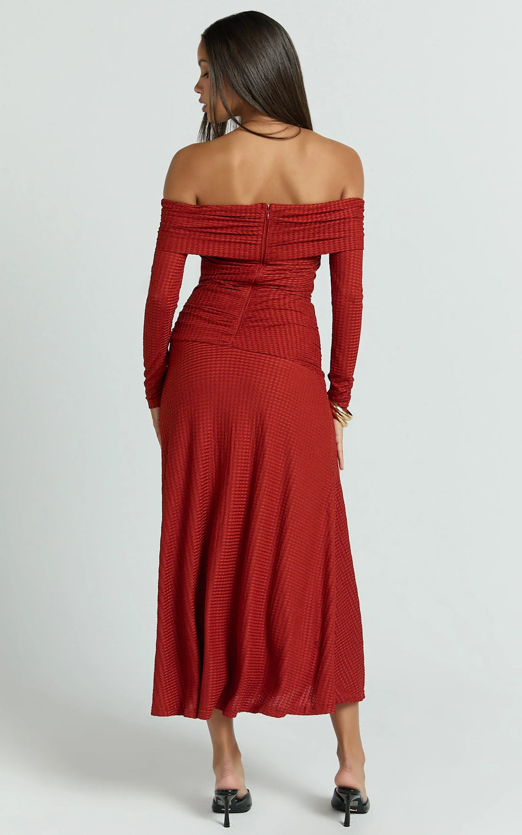 Perla Midi Dress - Off The Shoulder Sleeve Drop Waist Dress in Red